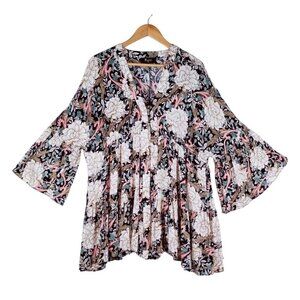 Meritt Floral Mini Dress Full Sleeves Gathered Black Multi Boho Cottage Peasant